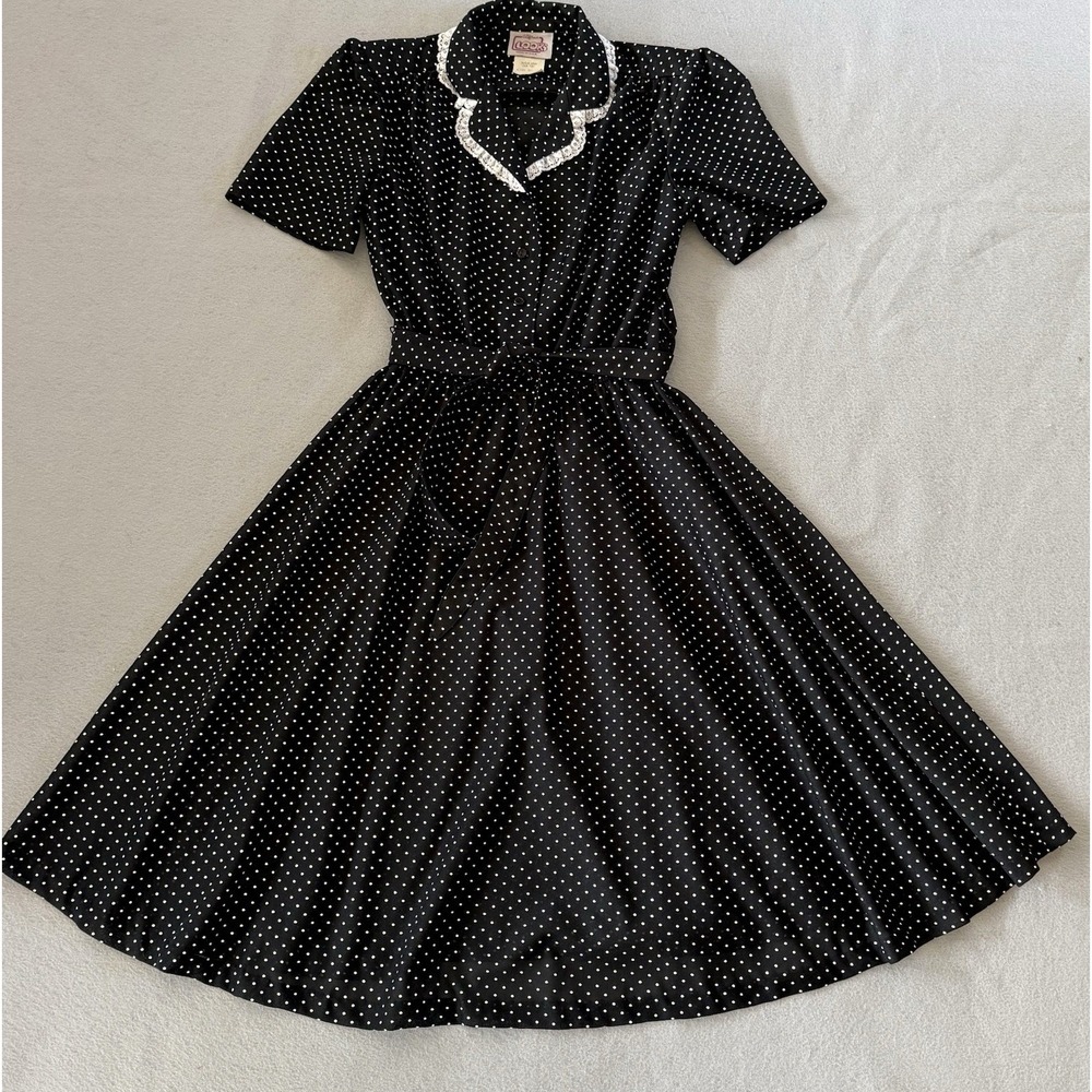 Vintage Black White Polka Dot Fit & Flare Midi Shirtwaist Dress Lace Collar S/M